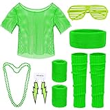 1 90er 80er Jahre Outfit Accessoires, 80er Jahre Outfit Damen Mottoparty Netzoberteil, Neon 80 Jahre Outfit Party, 80 Jahre Kostüm Zubehör Set 80er Jahre kleidung Typisch Off Shoulder Netzshirt (Grün)