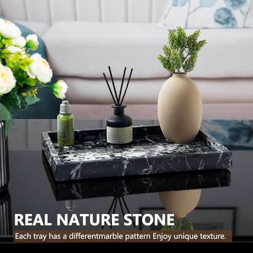 Image of Real Natural Marble Tray for Bathroom, Vanity, Kitchen and Desktop, Rectangle Genuine Marble Stone Tray for Jewelry, Cosmetics, Candles, Lotion, Perfume and Home Decor (Black)