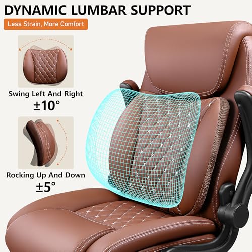Image of Office Desk Chair, Ergonomic Lumbar Support for Lower Back Pain | Executive Leather Home Chair Comfy with Padded Flip-up Armrests, Brown, 2-Pack