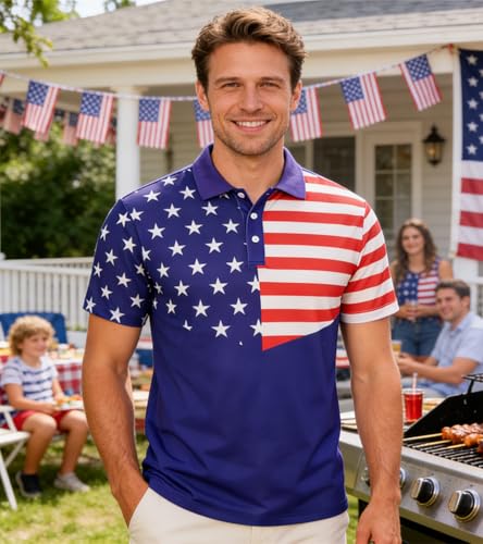 Camiseta polo patriótica para hombre Unifaco con diseño de bandera estadounidense, tejido Dry Fit, manga corta, ideal para golf, celebraciones del 4 de julio y uso casual miniatura 2