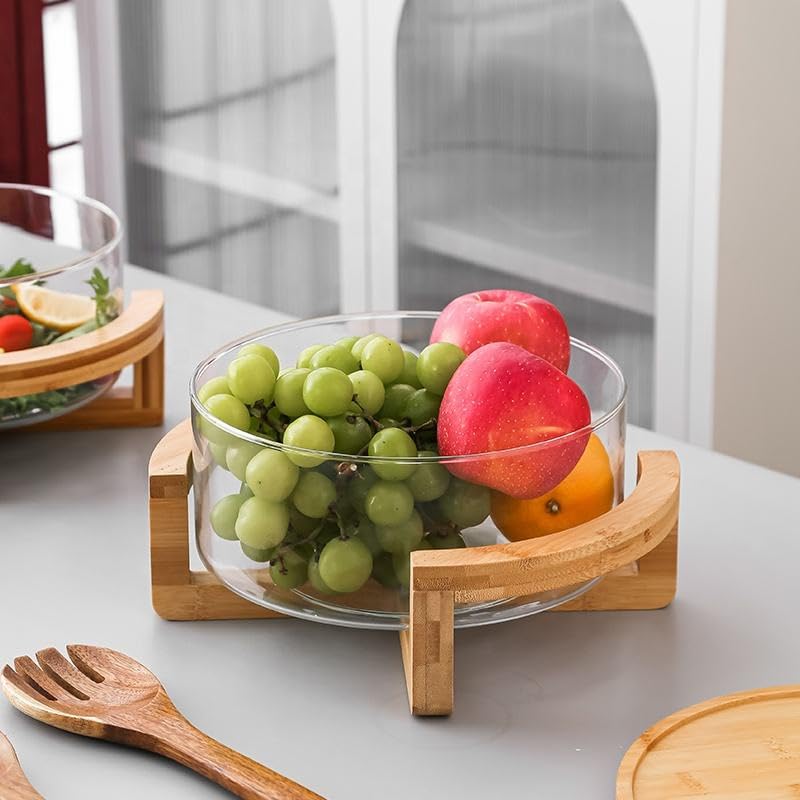 Image of Premium Glass Fruit Bowl with Natural Bamboo StandSet of 1, Large Modern Decorative Centerpiece for Kitchen Countertop Versatile Serving Bowl for Salads, Snacks, and Table Decor