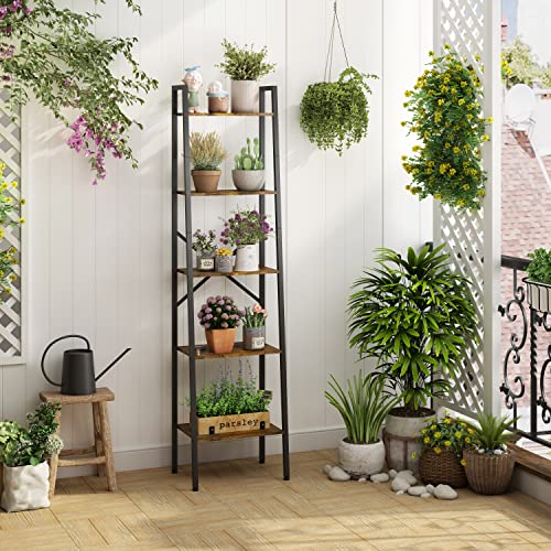 Image of Hoctieon Industrial Ladder Bookshelf, Multifunctional Ladder Shelf, 5-Tier Tall Bookshelf, Open Ladder Shelf Bookcase, for Living Room, Home Office, Kitchen, Bedroom, Metal Frame, Rustic Brown