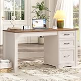 Vabches 55' Wooden Executive Desk with 3 Drawers, Farmhouse Computer Desk with Storage Cabinet and File Drawer, Workstation Home Office Desk for Work Study Writing,Brown White