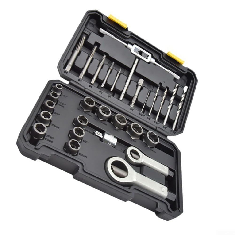 Set completo di 29 pezzi per rimozione dadi per viti arrotondate in acciaio Cr-mo con punte da trapano e adattatore per casa garage