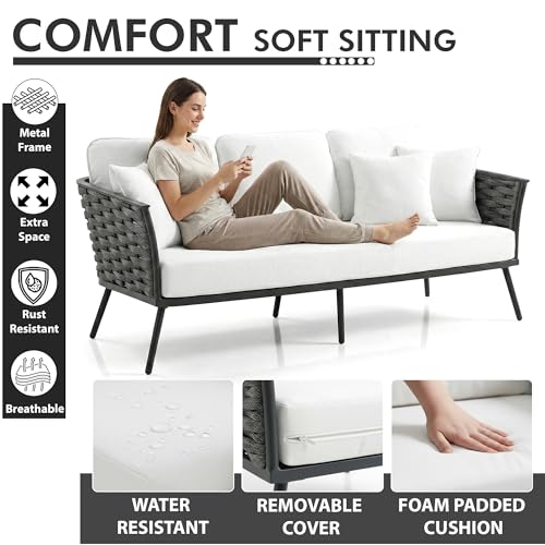 Image of OUTLIVING Outdoor Rope Sofa Set | Balcony Sofa | Patio Conversation Sets | Braided Rope Garden Sofa Set and Center Table (6 Seater-Grey-White)