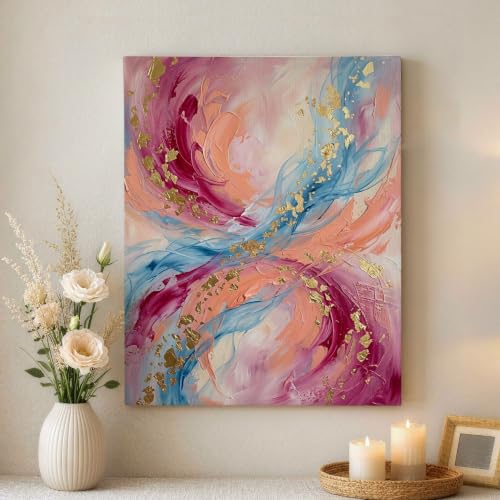 Lienzo abstracto floral moderno en azul y melocotón para decoración estética de hogar