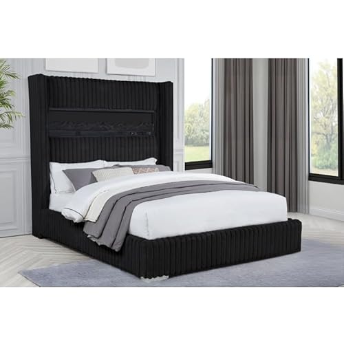 Luxurious Velvet Upholstered Eastern King Size Bed Frame with Electric Fireplace, Bluetooth and USB Ports, Modern Bedroom Wood Bed Wing Back Headboard, Remote Contol, Black