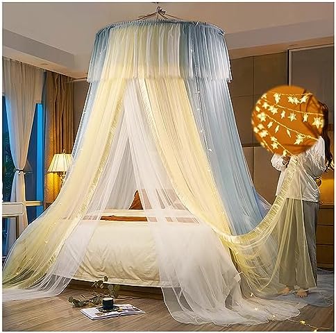 Mosquito Net Bed Canopy with Lights Princess Bed Netting Canopy for Bedroom Decoration Double Layer Round Dome Canopy Bed Curtains,Yellow Gray
