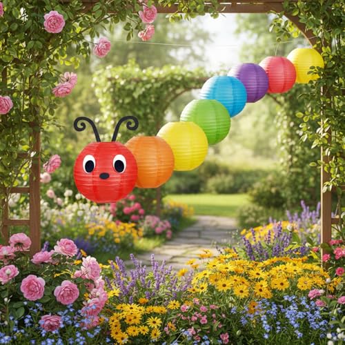 Image of Hortsun 7 Pcs Caterpillar Theme Birthday Decorations Caterpillar Paper Lanterns Sets for School Classroom Birthday Party Favors, with Eyes Mouth Feelers Glue Point (Multicolor)