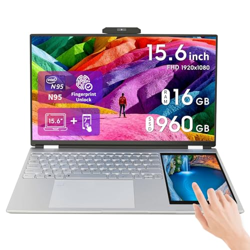 Image of BINTEC 15.6 Inch LCD Screen + 7 Inch Touch Screen Dual Screen Laptop Computer for College Student & Business,16GB DDR4,Quad-Core Celeron N5105(up to 2.9GHz),Windows 11 (Silver / 960G SSD)
