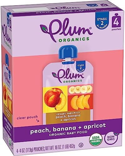 Plum Organics Peach, Banana & Apricot, 6+ Months - Organic Fruit and Veggie Baby Food Pouches, 4 oz Pouch (Pack of 4)