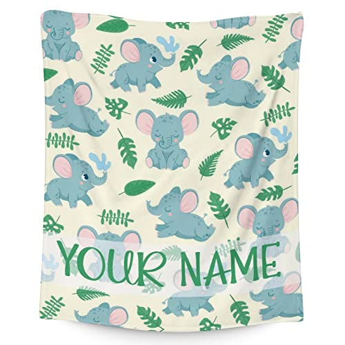 Personalized Elephant Blanket Gifts with Name - 60"x80" Cute Throw for Women Girls - Green Soft Fuzzy Blankets for Bed, Couch & Living Room