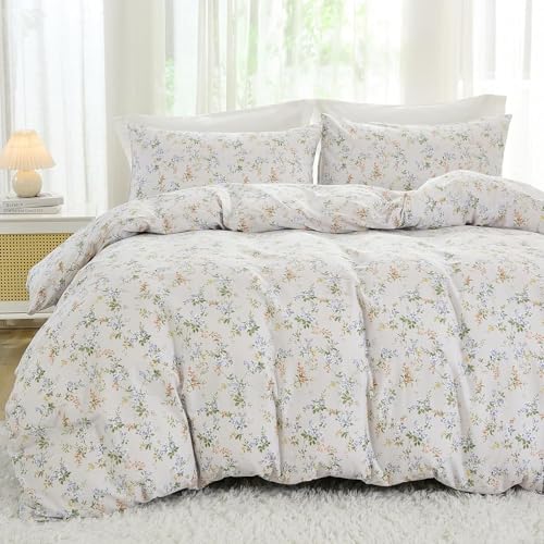 EAVD Vintage Style Floral Comforter Set Twin XL White Girls Soft Microfiber Chic Shabby Garden Leaves Floral Bedding Set with 2 Pillowcases Fresh Botanical Comforter Set for All-Season