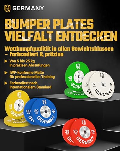 schont Böden und reduziert Lärm auf unter 70dB (102 Zeichen). - Detailansicht von HQ Germany Bumper Hantelscheiben 50mm...