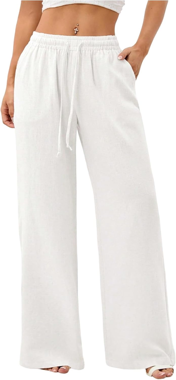 Women's Straight Wide Leg Linen Pants Drawstring High Waisted Casual Long Trousers with Pockets