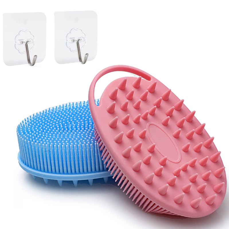 2-Pack Exfoliating Silicone Body Scrubber and Shampoo Scalp Massager Brush Set - Easy to Clean, for Dry and Wet Use (Blue & Pink)