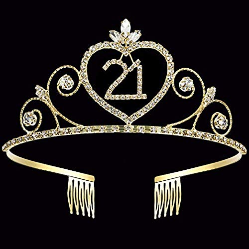 Coucoland Crystal Birthday Crown Tiara Rhinestone Princess Birthday Crown Gold Happy 10th/15th/16th/18th/20th/21st/22nd/30th/50th/60th/70th/80th/90th Birthday Crown Tiara (21st)