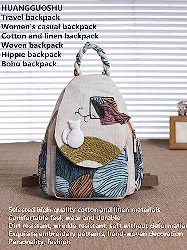 Image of Women's Cotton Hemp Cloth Backpack Boho Vintage Embroidered Casual Purse Handbag Messenger Bag with Cat Design