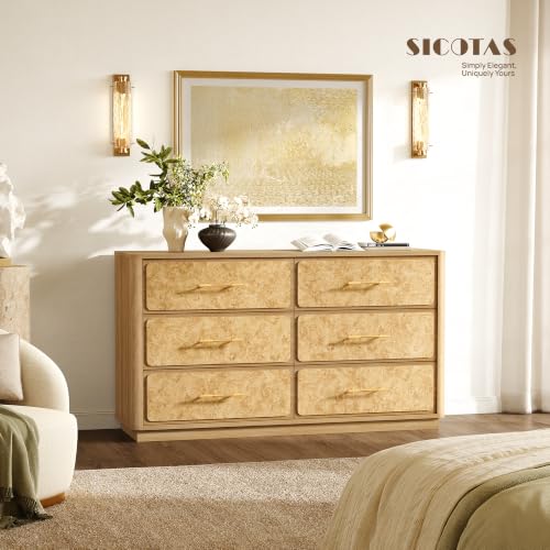 Image of SICOTAS 55 inch Extra Wide Dresser for Bedroom - Burl 6 Drawer Chest of Drawers