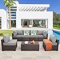 Rattaner 7 Pieces Outdoor Wicker Furniture Conversation Set Patio Furniture Sectional Sofa Couch Storage Table with Thicken(5") Non-Slip Cushions Waterproof Cover, Light Grey