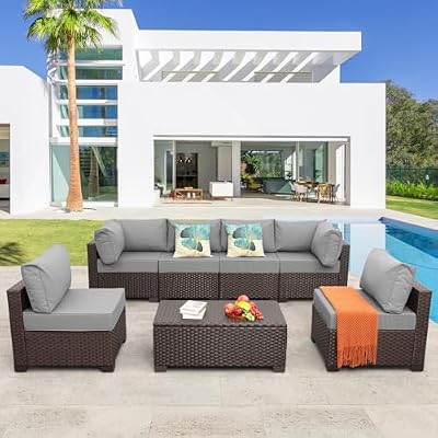 Rattaner 7 Pieces Outdoor Wicker Furniture Conversation Set Patio Furniture Sectional Sofa Couch Storage Table with Thicken(5") Non-Slip Cushions Waterproof Cover, Light Grey