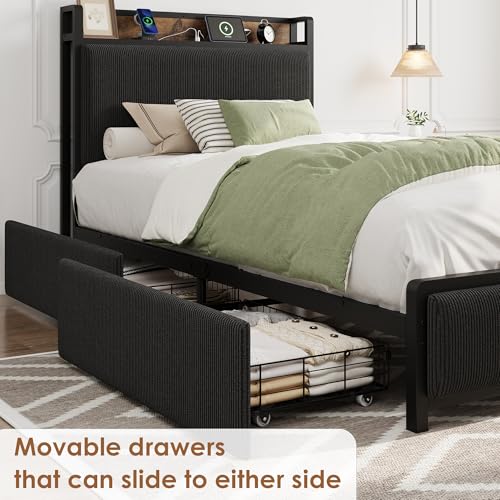 Image of GAOMON Twin Size Bed Frame with 2 Storage Drawers and Charging Station, Rustic Velvet Upholstered Platform Bedframe with Storage Headboard, No Box Spring Needed, Easy Assembly, Noise Free, Black