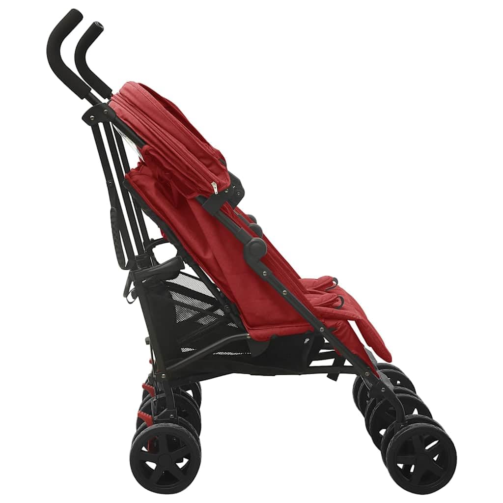 Poussette pour frères et sœurs en acier rouge avec 12 roues, dossier réglable sur 4 positions, pliable avec capote et panier, poussette double compacte pour promenade, voyage, shopping