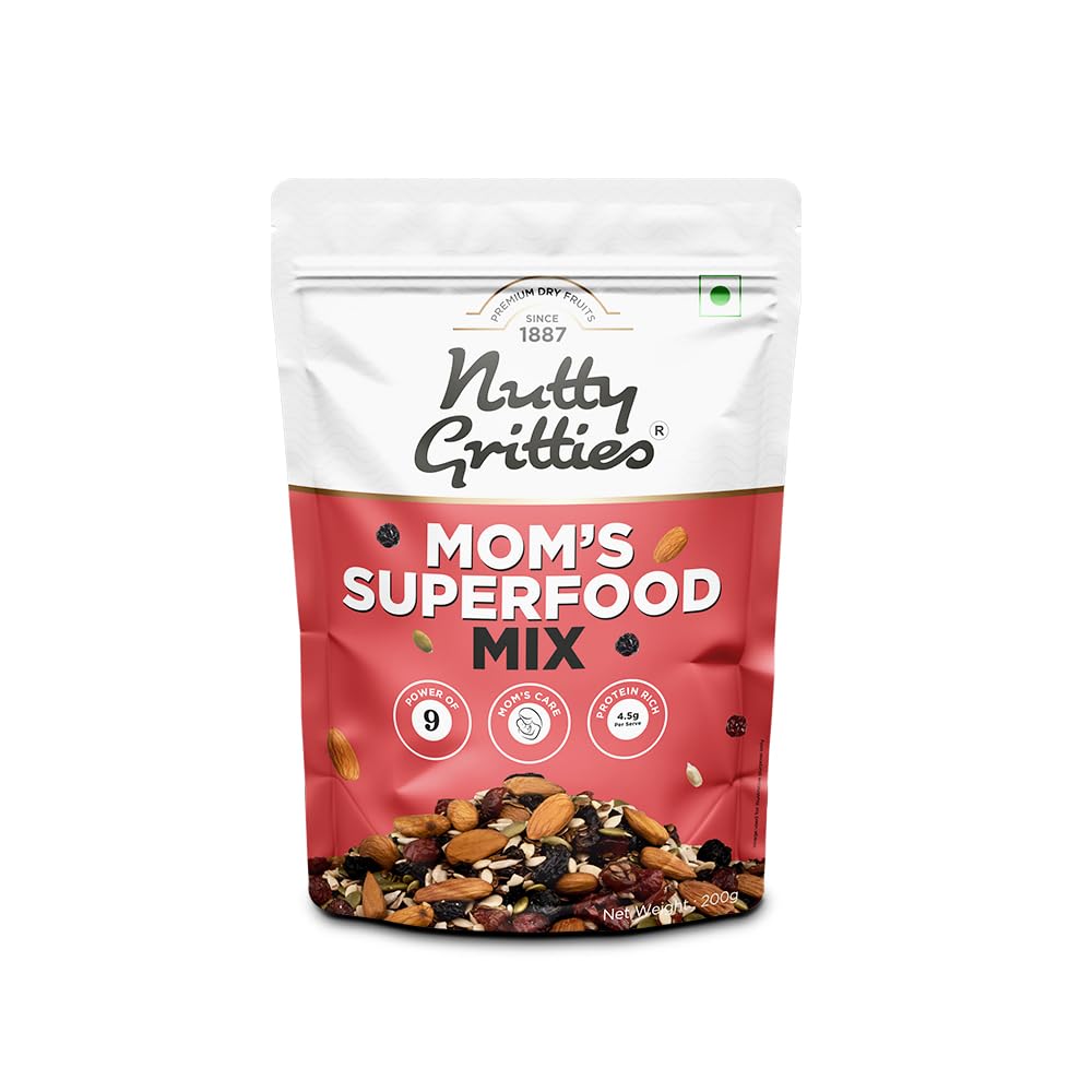 Nutty Gritties Mixed Nuts Dry Fruits Mom's Superfood Trail Mix - Roasted Almond, Pumpkin, Sunflower, Watermelon, Flax, Raisins, Black Currant, Cranberries, Blueberries - Resealable Pouch | Healthy Snack Approved by Mothers (200g each) Pack of 10 - 2000g-image-24