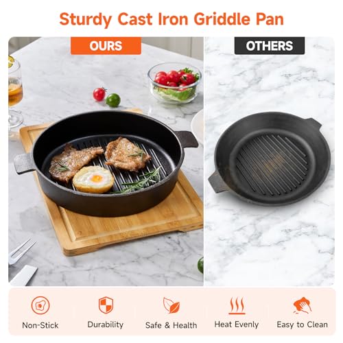 Warmiehomy Cast Iron Griddle Pan,24cm Pre-Seasoned Non-Stick Grill Pan,Round BBQ Cast Iron Skillet with 2 Handles for Gas Induction Electric Hobs and Oven Safe,Ridge Surface - Image 5