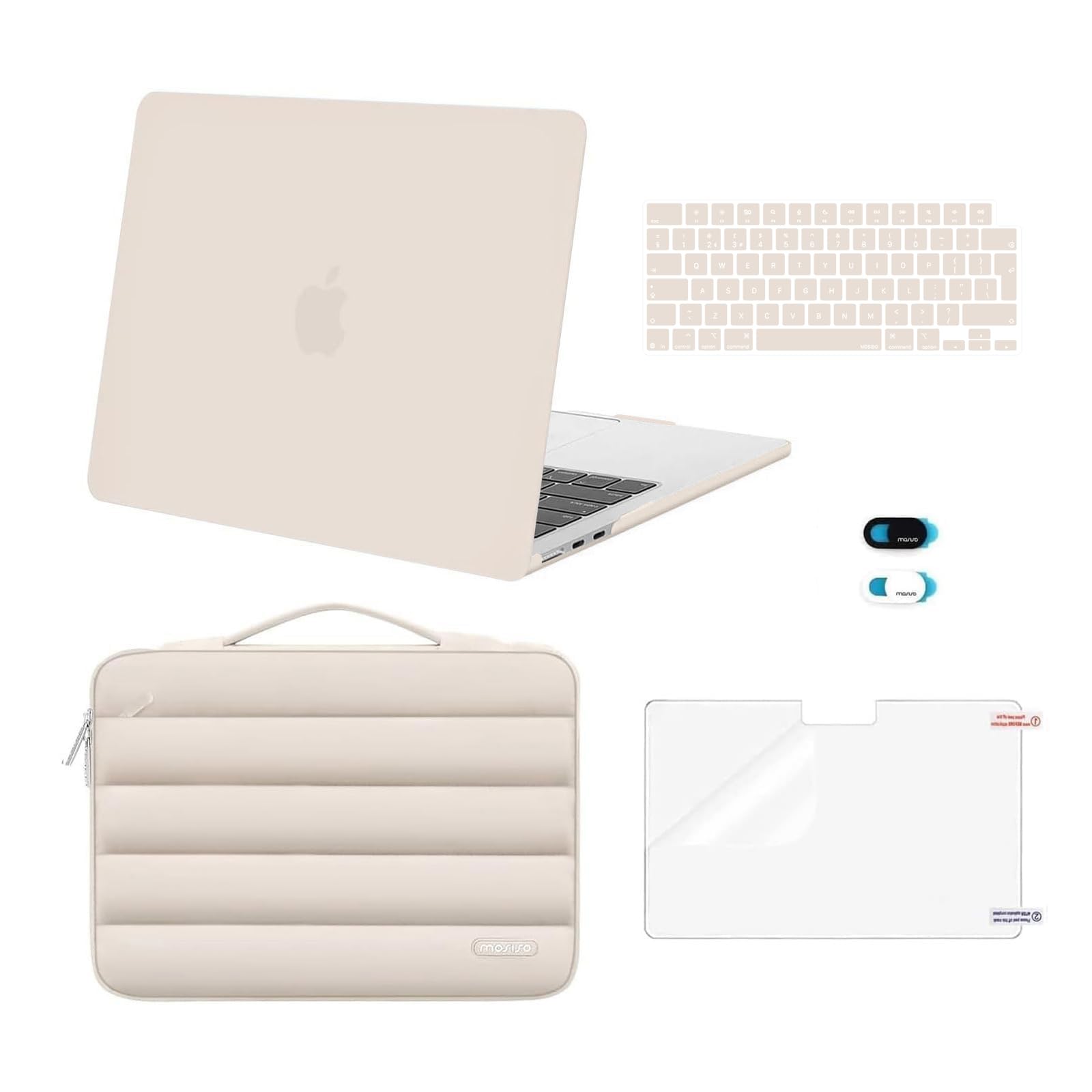 MOSISO Coque Compatible avec MacBook Air 13 Pouces M5 M4 M3 M2 2026-2022 | Étui Rigide&Puffy Sac Transport&Clavier&Cache Webcam&Film D'écran,Pour A3449 A3240 A3113 A2681,Sable