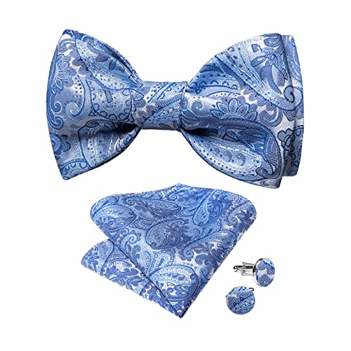 Image of DiBanGu Mens Silk Self Bow Ties,Woven Solid Striped Paisley Bowtie and Pocket Square Cufflinks Set for Men Tuxedo Wedding, Baby Blue