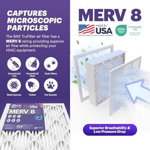 Image of BNX TruFilter 20x25x4 (19.5'' x 24.5'' x 3.63'' Slim Fit) MERV 8 Air Filter 2-Pack - MADE IN USA - Air Conditioner Furnace Filters HVAC AC Furnace Filters for Dust, Pet, Mold, Pollen MPR 600-700 FPR 5
