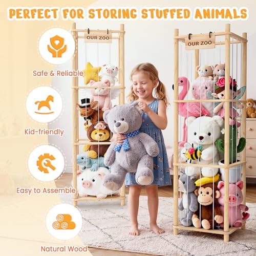 Image of Woodure Stuffed Animal Storage & Organizer, Wooden Cute Zoo Toy Holder for Toddler Rooms, Playrooms & Bedrooms(2pcs)