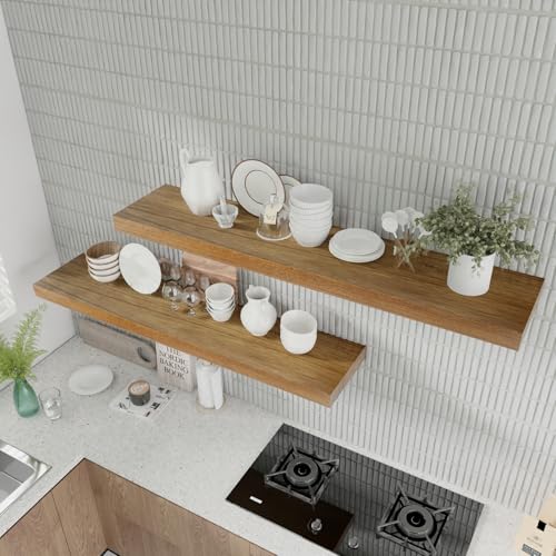 Image of IAE Walnut Floating Wall Shelves 55 inch, Bathroom Shelves Wall Mounted,Invisible Shelves Floating Kitchen Shelves,Wooden Wall Shelves with Brackets for Living Room Wall Mounted,Easy Install,Set of 2