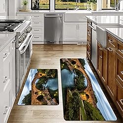 Fregadero Asturias 2 Piezas Antideslizante Alfombra Cocina,Arquitectura Azul Atardecer Antiguo Puente Romano de Piedra en Cangas De Onis Asturia,Alfombra de Cocina Lavable en Lavadora Alfombrilla de Fregadero Microfibra