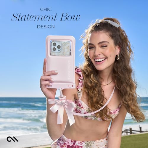 Image of Case-Mate IP68 Waterproof Large Phone Pouch with Bow Design - Ballet Pink | Touchscreen Floating Waterproof Phone Case with Crossbody Lanyard - Fits All Phones - Beach Cruise Ship Travel Essentials