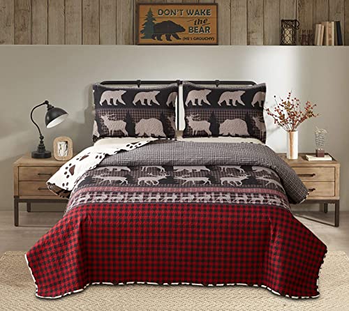 King Size Quilt Set Lodge Rustic Quilt Bedding Set King Size Bedspread Coverlet Lightweight Reversible Home Quilt Red Black Buffalo Plaid Quilt Bed Spread Country Cabin Forest Moose Bear Bedding #TOP3