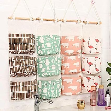 Enchantment AP Enterprises ARAA PAVA Wall Hanging Storage Bag, Creatiee Waterproof Over The Door Closet Organizer Linen Farbric Hanging Pocket Organizer with 3 Remote-Sized Width Pockets for Bedroom