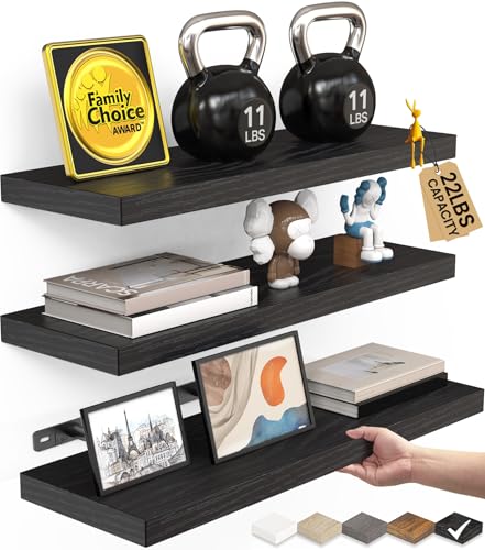 BAYKA Floating Shelves for Wall, Wall Mounted Rustic Wood Shelves for Bathroom, Bedroom, Living Room, Kitchen, Hanging Shelf for Books/Storage/Room Decor with 22lbs Capacity (Black, Set of 3, 15.7in)