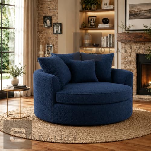 Image of SOFALIZE - Modern Barrel Accent with Pillows Round Sofa Oversize Arm Chair Cozy Club Chair for Bedroom, Living Room, Lounge, Hotel & Office, Hallways Blue Boucle