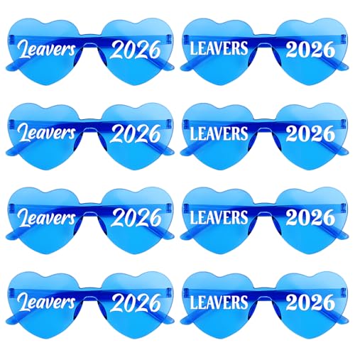 DOORIO 8 Pack Leavers 2026 Glasses 2026 Graduation Party Sunglasses Bulk Heart Shaped Prom Party Favours Leavers Gifts for High School College (Leavers 2026 Blue)