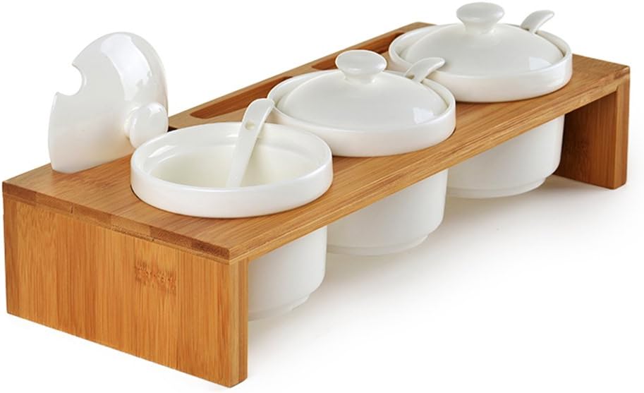 Tenyear Set of 3 Ceramic Condiment Pots Spice Serving Jars Seasoning container with Serving Spoons & Bamboo Stand