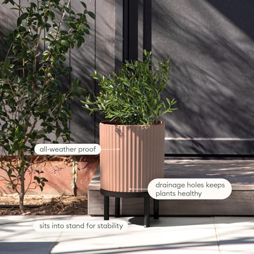 Image of Veradek Demi Series Raised Planter - Round Planter with Stand | Made From a Durable Plastic-Stone Composite & Comes With Wooden Stand. Modern Porch /Patio Decor