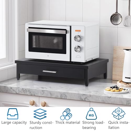 Image of Livzing Metal Microwave Oven Stand with Drawer - OTG Corner Shelf Tabletop Oven Rack Storage Cabinet Multifunctional Dish Rack Toaster Organizer Powder Coated Finish Utility - Black