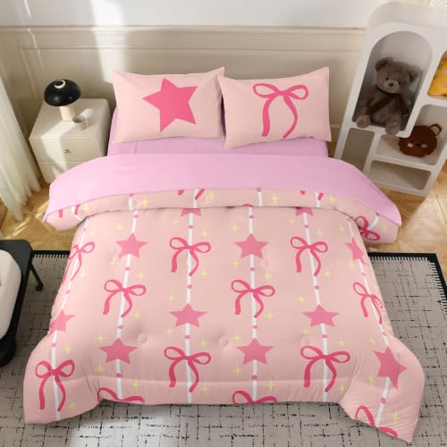 Image of NINENINE Pink Bow Star Comforter Sets, Sweet Galaxy Space Bedding 5PCS Twin Size Comforter Sets for Girls (1Comforter, 1Flat Sheet, 1Fitted Sheet, 2Pillowcases)