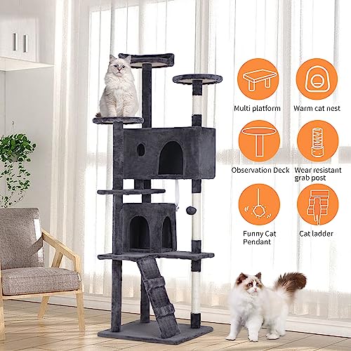 Image of BestPet | 70 inch Cat Tree Tower | Ashy | Sturdy, Easy to Assemble, Multi-Level Activity Center with Sisal Scratching Posts, Condos, Perches, Hanging Cat Toys, Observation Decks & Ladder