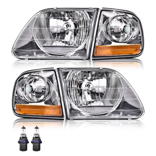 G-PLUS Headlights Assembly Compatible with Ford Expedition 1997-2002/Fit Ford F150 1998-2003/Fit Ford F250 1988-1999 Bumper Headlamp Clear lens Chrome Housing Amber Reflector Left & Right