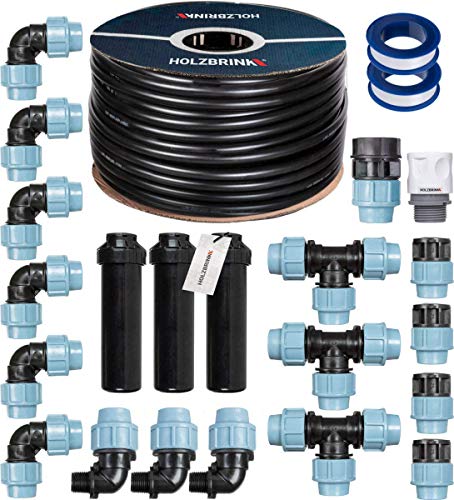 HOLZBRINK Kit de démarrage pour l’Irrigation du Gazon, système d’arrosage enterré de la pelouse : 100 m Tuyau LDPE 25 mm, 3X Arroseur Automatique Pop-up, HTB-11-3-100