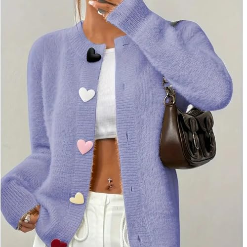 Women Heart Fuzzy Knit Cardigan Sweater, Cozy Solid Cute Rainbow Heart Button Down Cardigan Sweaters Cropped4