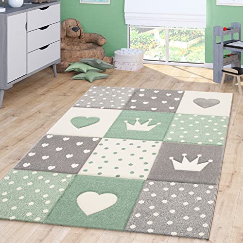 TT Home Kinderzimmer Teppich Junge Mädchen Kinderteppich Punkte Herz 3D Optik Pastell, Farbe:Gruen,...